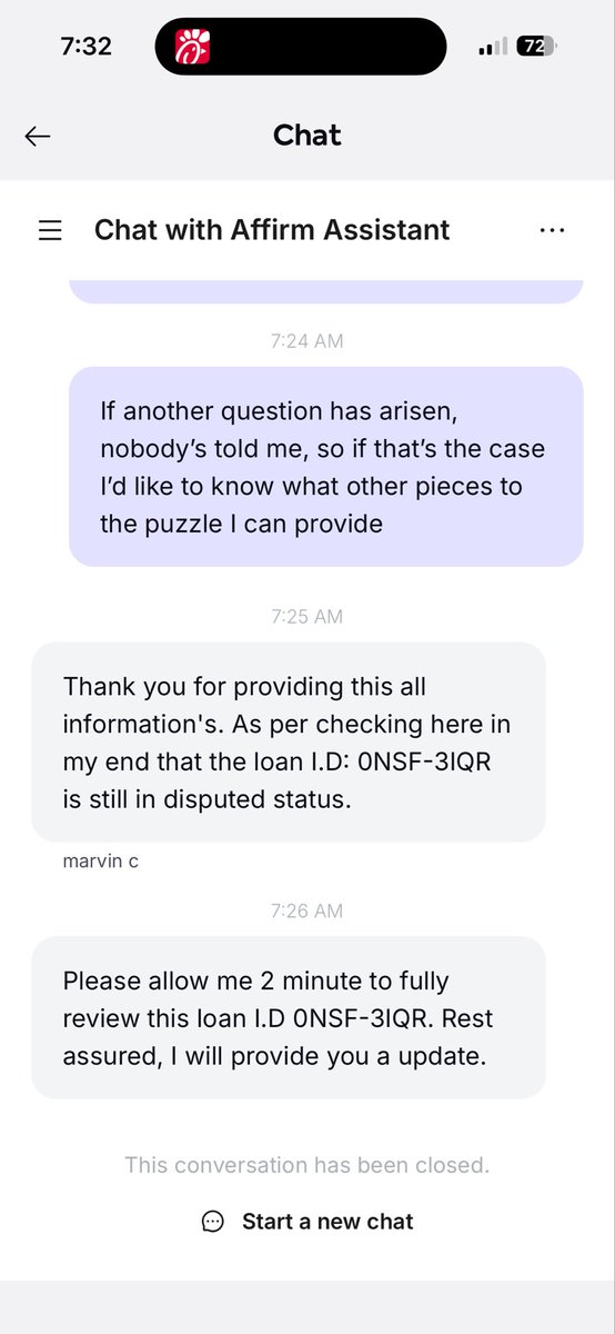 BobPerrano's tweet photo. Seriously, @Affirm? Now you’re just ending chats rather than answering totally reasonable requests? https://t.co/YQtqeWAdla