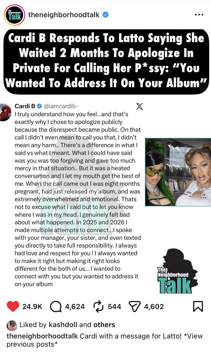 CelebLoveBardi's tweet photo. Kash Doll liked a post about Cardi B’s response to Latto. https://t.co/cACF4qNaGI