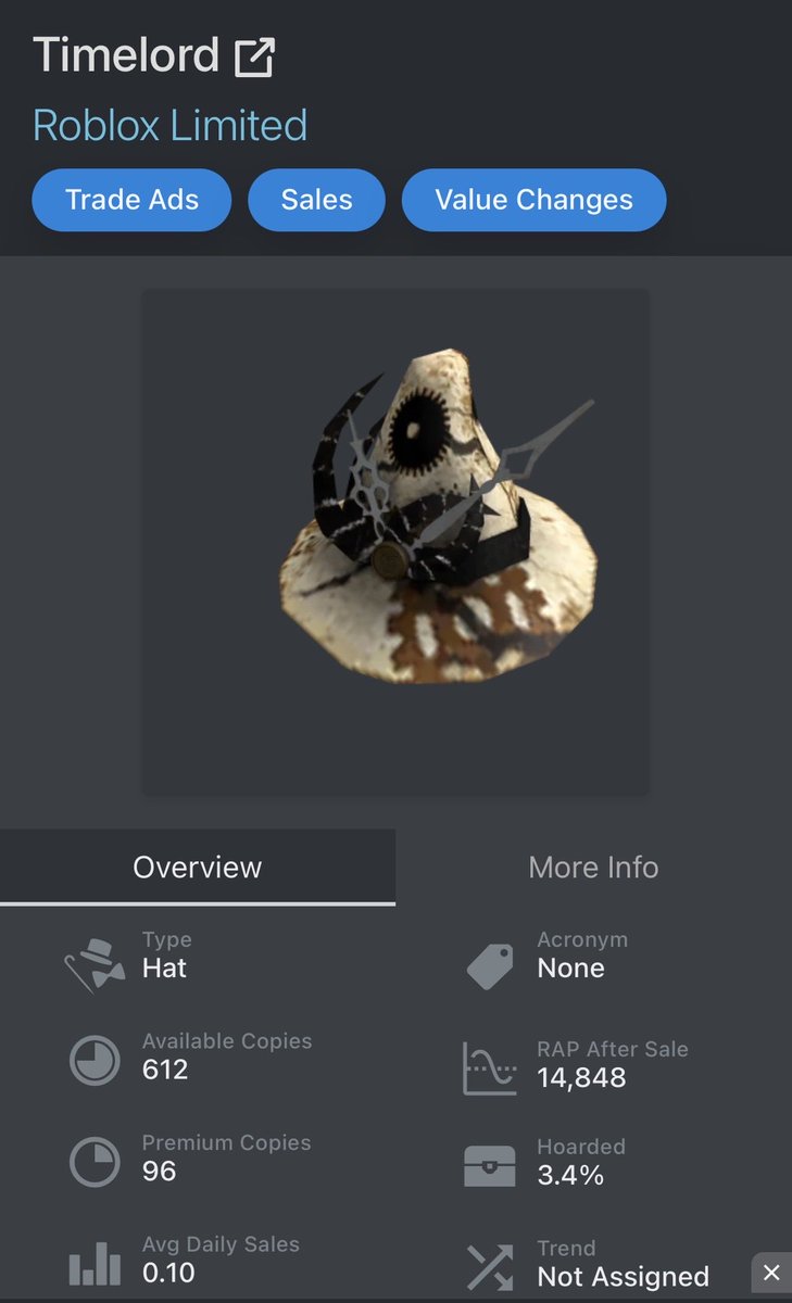 PurgedRio's tweet photo. Someone PLEASE send me timelord 
I’ve been wanting this item for as long as I remember it came out back in 2016 I had one and lost the account and been trying to get my hands on one ever since, if you got one send me a trade I got almost 15K value I can offer for it as of now. https://t.co/i6tYr04TGK
