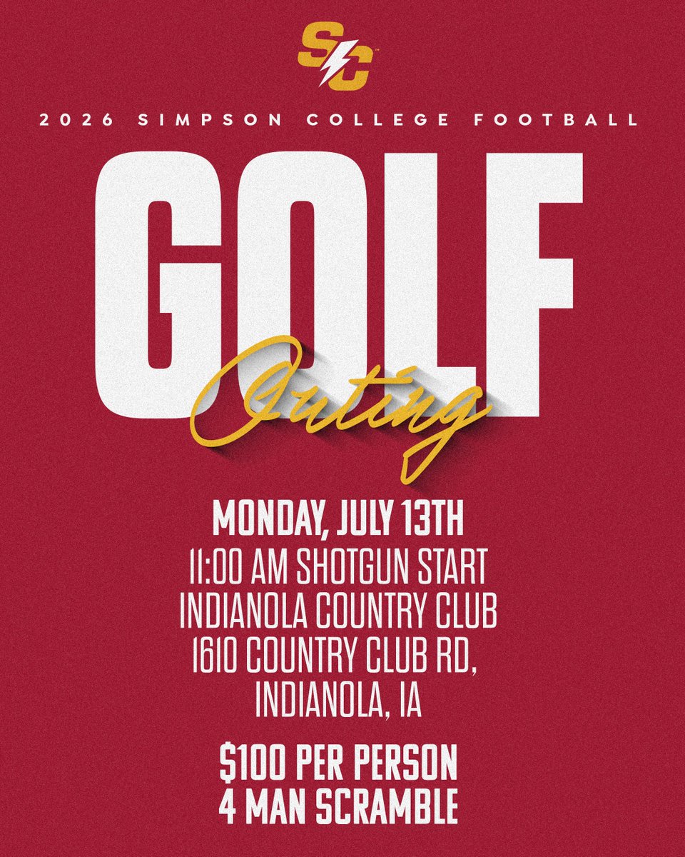 scstormfootball's tweet photo. 🔊CALLING ALL SIMPSON🏈ALUMNI
📅Monday, JULY 13th
📍 Indianola Golf Club
🏌️Round up a few former teammates, swing the sticks, relive the glory days and tell all the good stories!!!
🔗 Get registered TODAY: https://t.co/CuXbXnZuIv https://t.co/zYcja68NC8