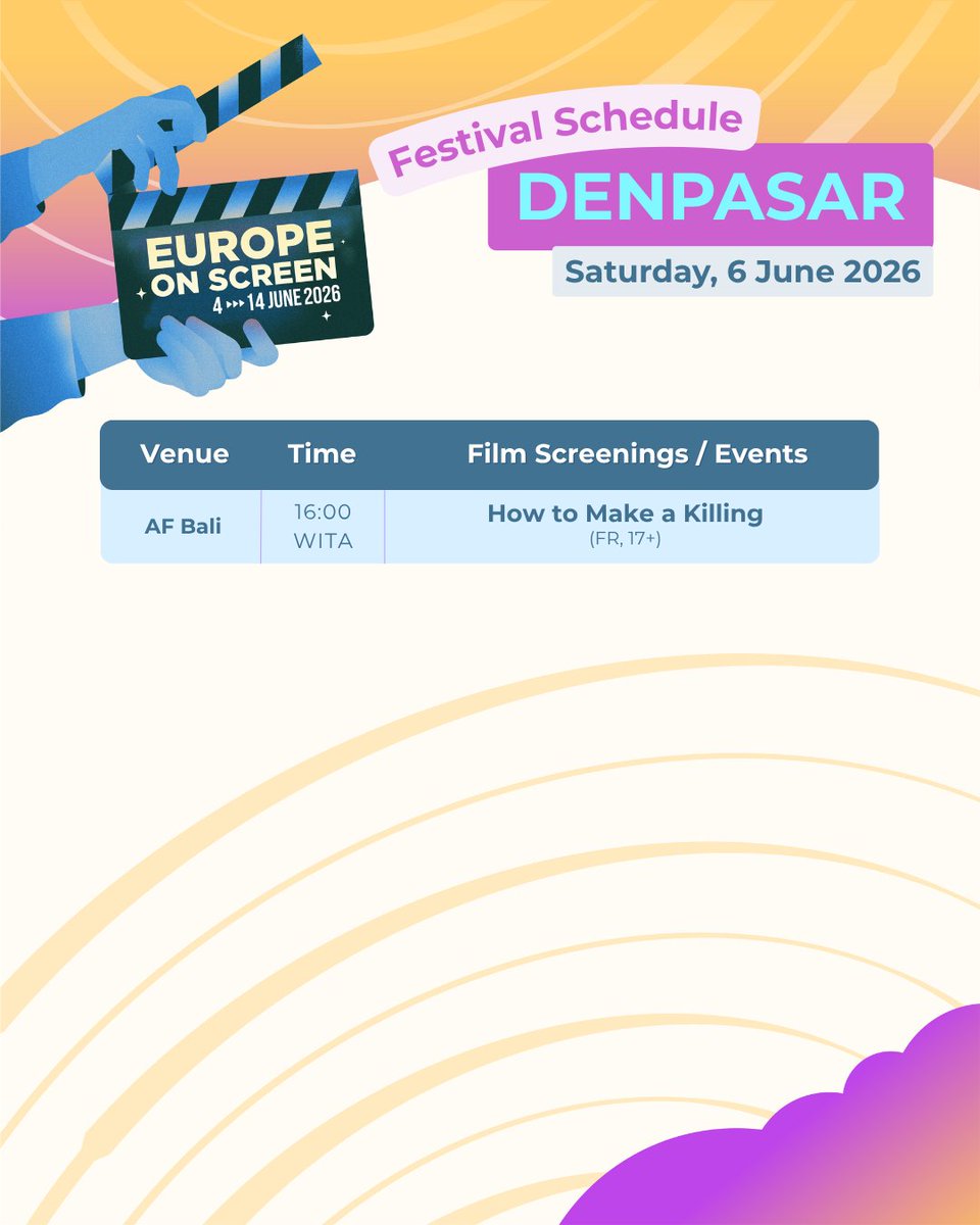 EuropeonScreen's tweet photo. Today's Schedule on #EoS26 in Other Cities (06/06) 🎬🍿🤩

Don't miss film screenings and events on #EuropeOnScreen 2026, all free of charge!!

@uni_eropa #YukNontonEoS26

#FilmFestival #FilmScreening #InfoEvent #PemutaranFilm #InfoScreening https://t.co/ROljZ137Kq