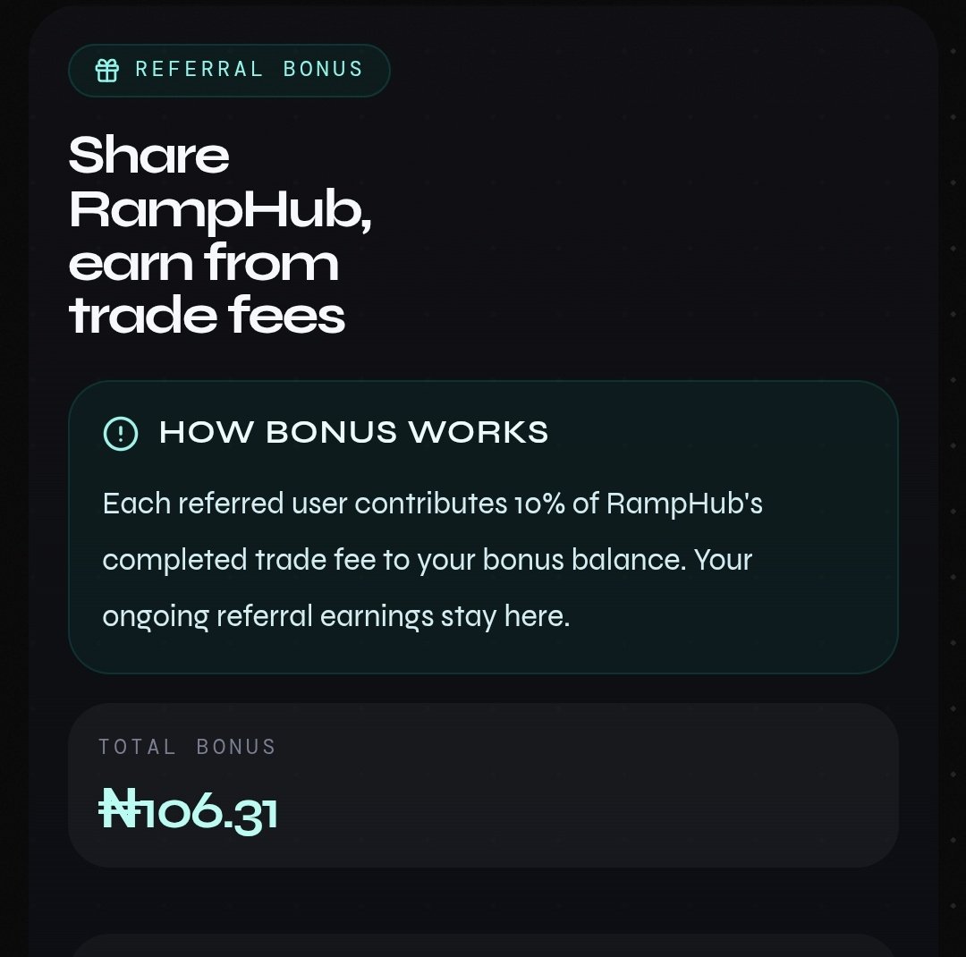 ramphub's tweet photo. How is your bonus page looking? 👀

Earn 10% of every trade fee from users you refer. No limits. Just steady rewards as they keep trading on RampHub.😁 https://t.co/sm0toREdvW