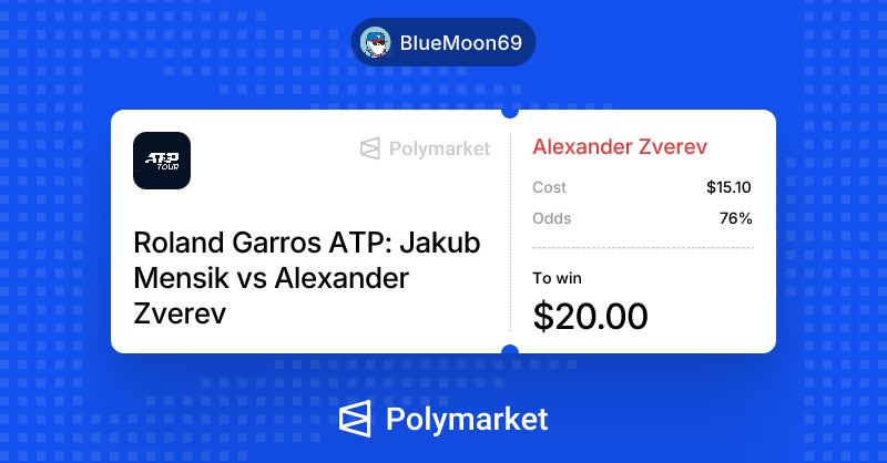 0xBlueMoon's tweet photo. I just put my money where my mouth is on @Polymarket.

Trade against me: https://t.co/CMwov0IwHA 

Zverez valeure sure 🎾 https://t.co/uUsq5JP6IW