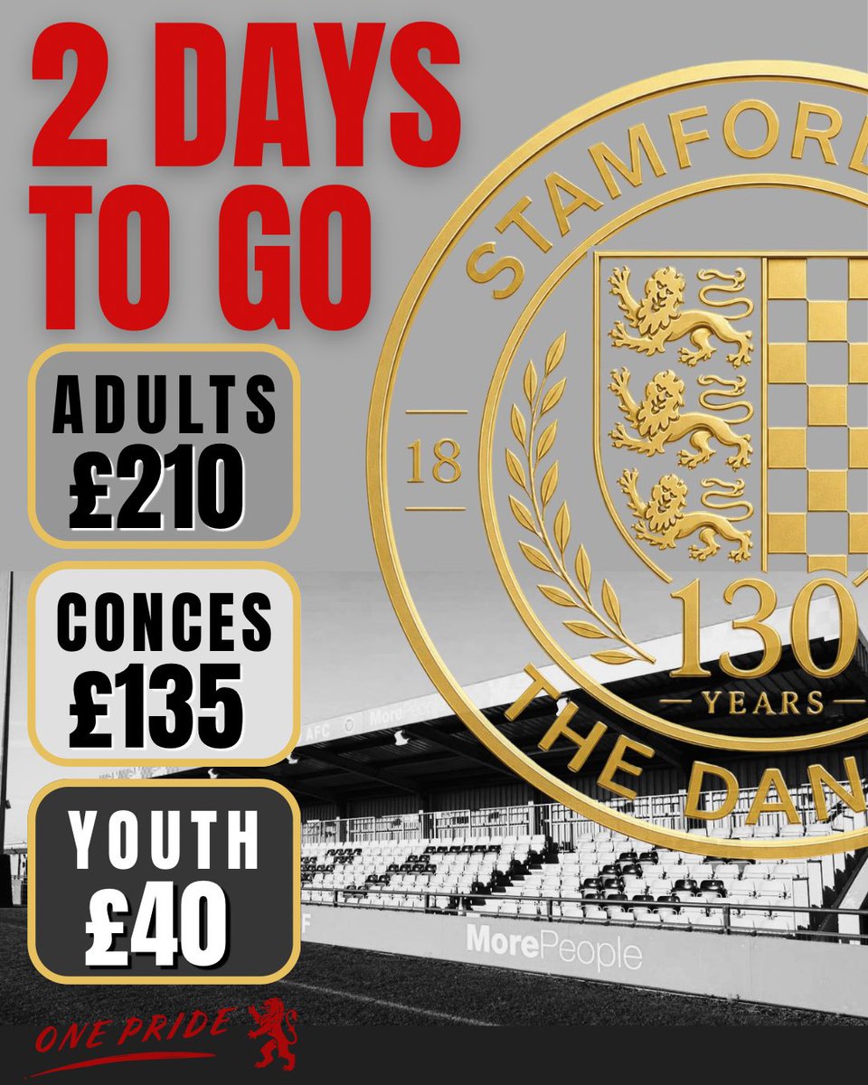 StamfordAFC1896's tweet photo. 🚨 DON’T MISS OUT!! 🚨 

🎫 Last chance to watch the Dannie’s in their 130th year at low rates 

Early Bird Season Tickets end Sunday June 🔴⬇️

✅ | Valid for preseason 
📅 | Offer ends June 6th  ⬇️ | Buy Now 🔗 | https://t.co/dryGm2I6VN…

🔔𝗗𝗢𝗡’𝗧 𝗙𝗢𝗥𝗚𝗘𝗧 — purchase an Official Dannie Membership first to unlock even MORE savings on your season ticket 💷

BECOME A MEMBER👇🏼
🎫 | https://t.co/IwmNwtqgqz…

#StamfordAFC | #UpTheDannies | #BackTheDannies 
@LincsOLSport | @RutStamSound