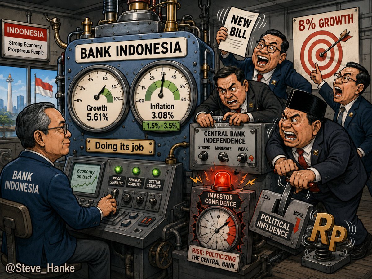 steve_hanke's tweet photo. Bank Indonesia is doing a good job. The econ is growing 5.61%/yr. Inflation is 3.08%/yr, inside BI’s 1.5-3.5% target.

Now, IDN's parliament has passed an ill-conceived amendment that will allow it to meddle in BI policy.

BAD MOVE. WHY TRY TO FIX SOMETHING THAT'S NOT BROKEN. https://t.co/mCXIpBasFl