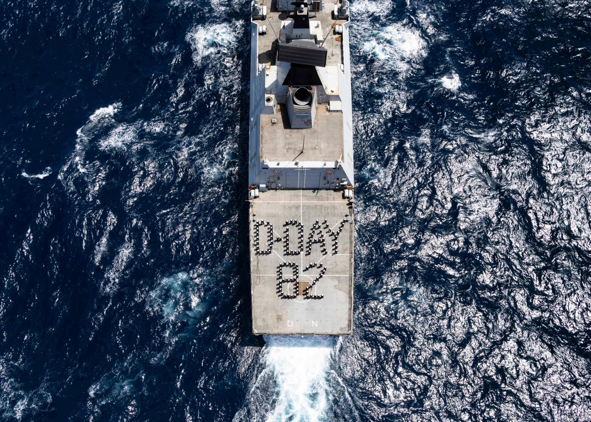 RoyalNavy's tweet photo. Today we remember the men and women involved in the great crusade and the largest amphibious operation in history.

Crew of @HMSDragon took time during operations in the Arabian Sea to pay a traditional flight deck tribute to all those involved in #DDay and Operation Neptune. https://t.co/EJQW6IaJ4E