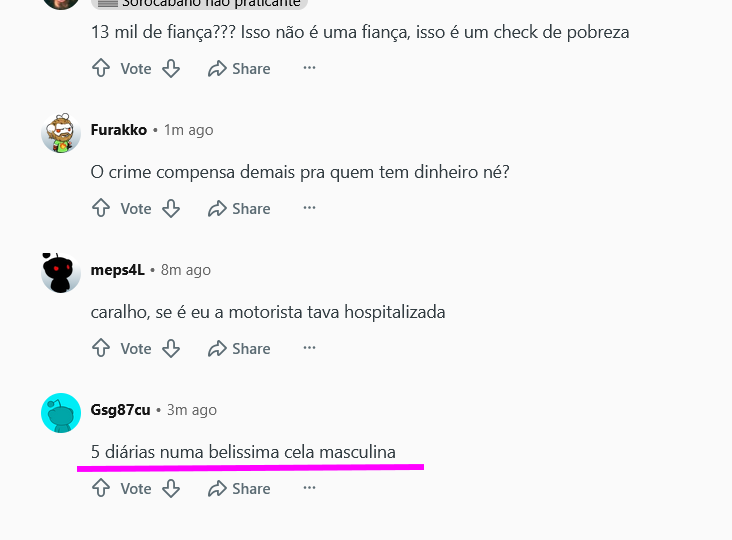 WDIBrasil's tweet photo. Vi na outra rede uma notícia horrível de 2025 sobre uma mulher que atropelou uma família e o bebê ficou por vários metros no capô do carro. 

Fui ler os comentários e trago o print. Eles sabem exatamente o que acontece com mulheres presas com homens. Só não se importam. https://t.co/SHqDkvcEw5