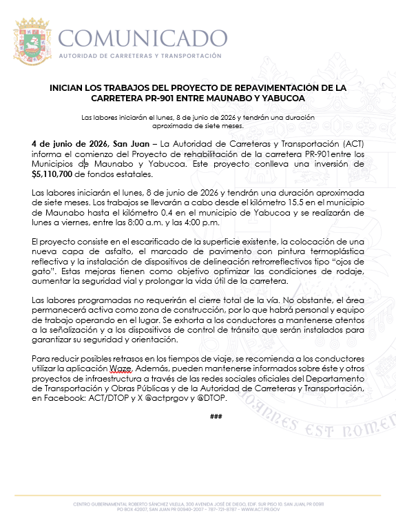 DTOP's tweet photo. 🚧Se informa el comienzo del Proyecto de rehabilitación de la PR-901 entre Maunabo y @ADMYabucoa    
Las labores iniciarán el 8 de junio y tendrán una duración aproximada de siete meses.
@gobiernodepr https://t.co/WNEi7EZfg1
