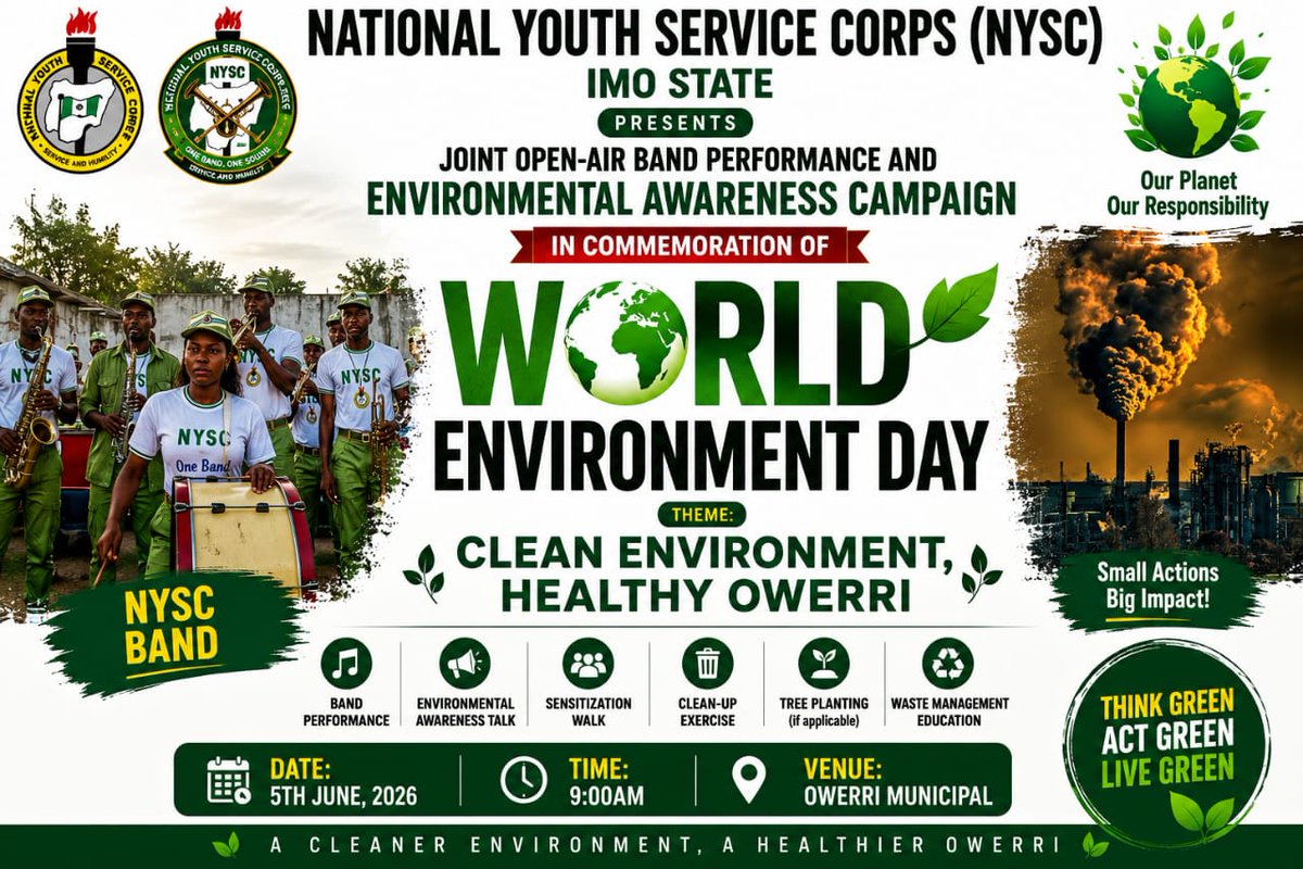 jimohcaesar's tweet photo. A Joint Open-Air Band Performance and Environmental Awareness Campaign in commemoration of the World Environment Day by the Band and Environmental CDS groups, NYSC, Imo State, Nigeria. #WorldEnvironmentDay #NYSC #NYSCIMO @ecolinksnetwork @officialnyscng @FMEnvng @GovtOfImoState https://t.co/McTcg7zvNc