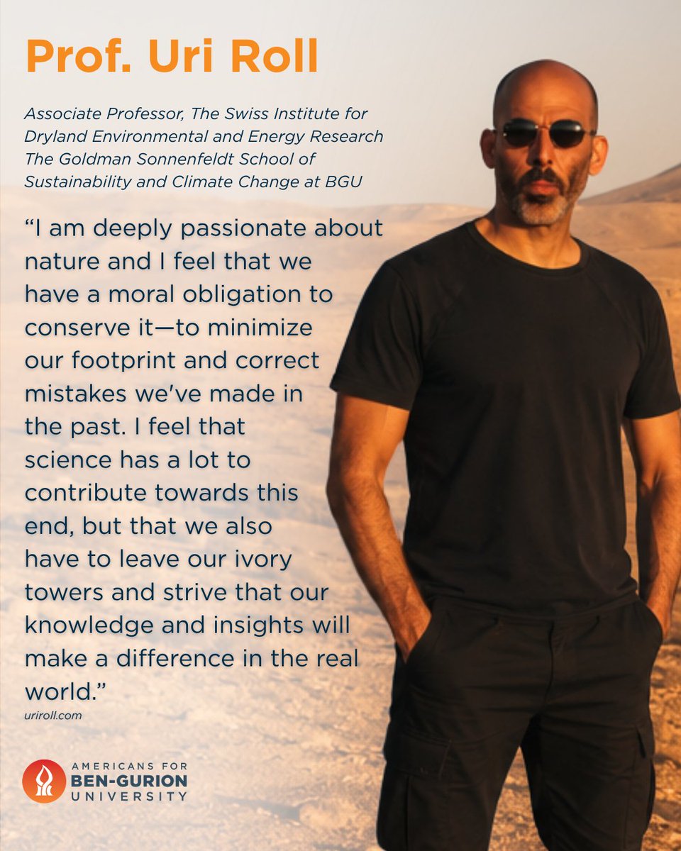 A4BGU's tweet photo. This World Environment Day, we're celebrating researchers at @bengurionu whose work is helping us better understand and protect our planet.

Prof. Uri Roll, Ph.D Student Noa Yaffa Kan-Lingwood, and Prof. Yaron Ziv are advancing environmental science in the Negev and beyond. From protecting species and habitats to studying the resilience of desert ecosystems, their research is helping build a more sustainable future.