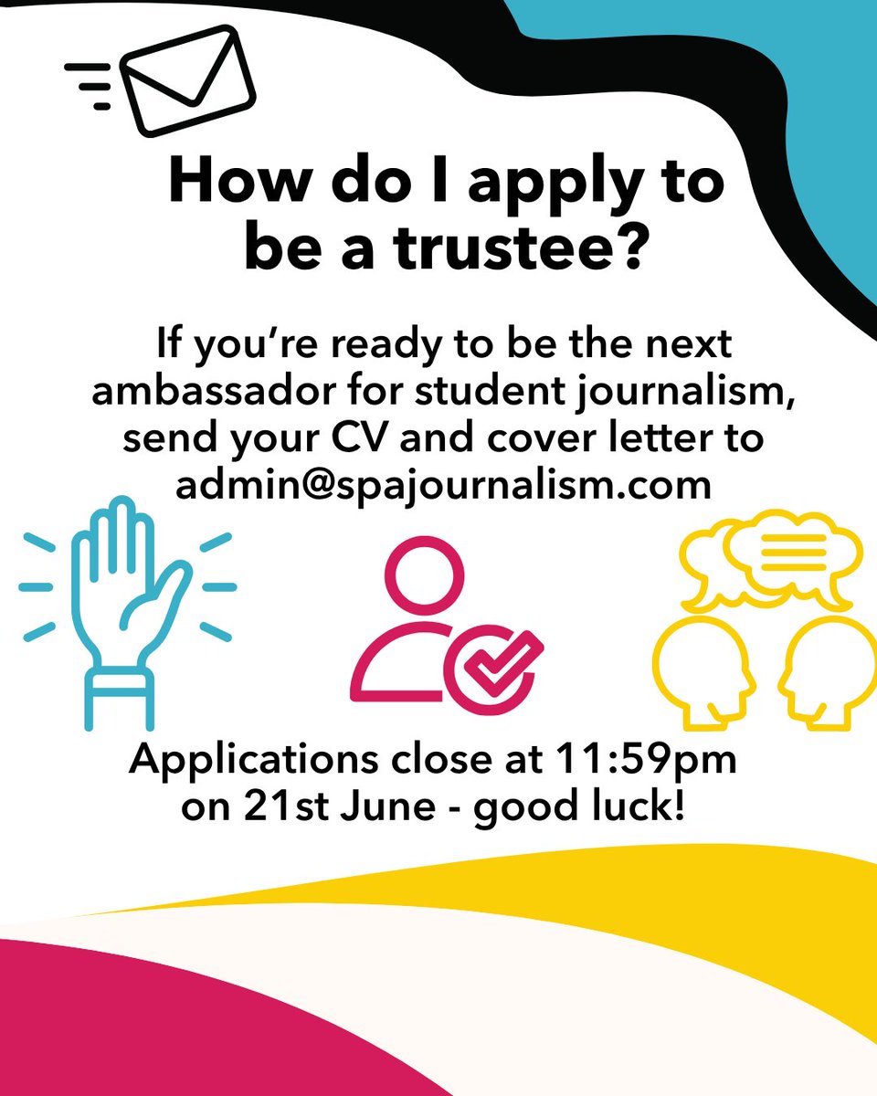 SPAJournalism's tweet photo. 🔔 Join the SPA Trustee Board

🗞️ Do you have strong connections with the journalism industry? Then we want to hear from you!

📨 Apply now by sending your CV and cover letter to admin@spajournalism.com - applications close at 11:59pm on 21st June.

🤞 Good luck! https://t.co/IrOFaV1rt5