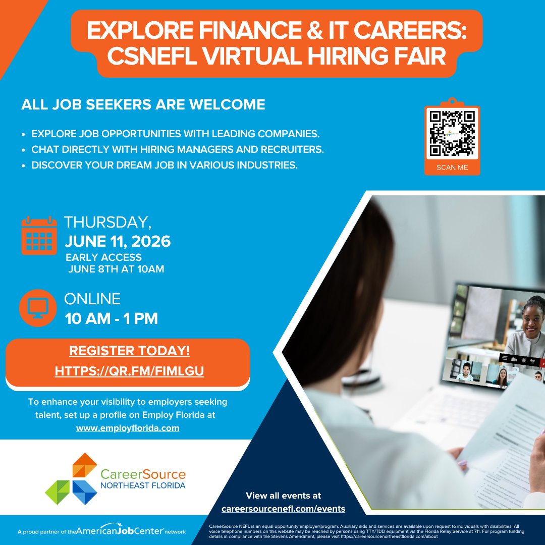 CareerSourceNEF's tweet photo. Connect with employers &amp; explore job opportunities — all from your device!
Register for the Explore Finance &amp; IT Careers: CSNEFL June Virtual Hiring Fair! 
Date: Thursday, June 11, 2026
Time: 10:00 AM – 12:00 PM
Register Now: https://t.co/Qjph5Sp64j
#CareerSourceNEFL https://t.co/CE260nPzbK