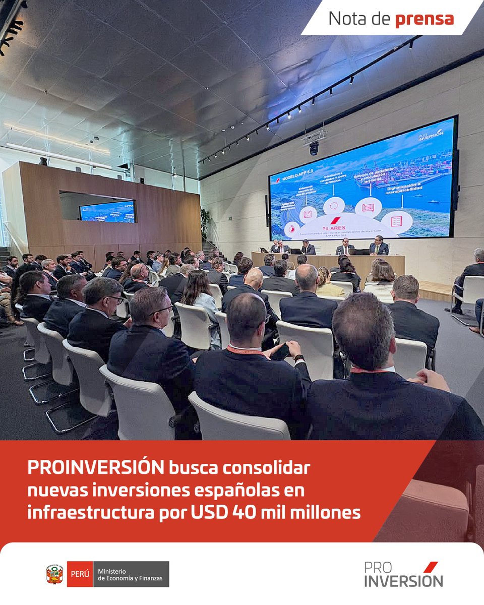 ProInversionPe's tweet photo. 🗞️ #NotaDePrensa | La delegación peruana concluyó con éxito la misión oficial en Madrid, España, captando el gran interés del empresariado local tras promover una sólida cartera de inversiones por USD 40 mil millones.

✅ La agenda incluyó el roadshow “Perú: Oportunidades de Inversión en Infraestructura y Servicios Públicos” y diversas reuniones bilaterales con inversionistas, operadores y entidades financieras interesadas en los proyectos nacionales bajo las modalidades de APP y Proyectos en Activos.

📲 Más información: https://t.co/O1SEyccONE
