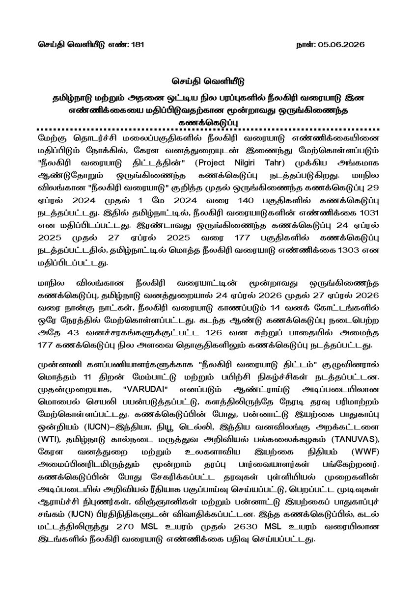TNDIPRNEWS's tweet photo. தமிழ்நாடு மற்றும் அதனை ஒட்டிய நில பரப்புகளில் நீலகிரி வரையாடு இன எண்ணிக்கையை மதிப்பிடுவதற்கான மூன்றாவது ஒருங்கிணைந்த கணக்கெடுப்பு

Third Synchronised survey for population estimation of Nilgiri Tahr in Tamil Nadu and the adjoining landscape

#CMJosephVijay | #TNDIPR | @TVKVijayHQ |
@imrajmohan |