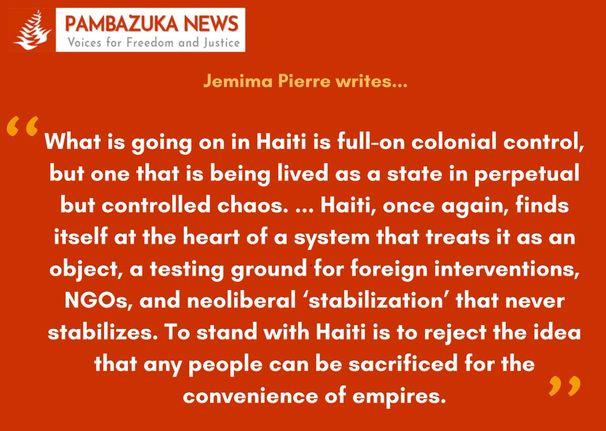 Pambazuka_News's tweet photo. @zyedwards @WMutunga @chebrarawa @africancarolyn “Haiti, once again, finds itself at the heart of a system that treats it as an object, a testing ground.” – Jemima Pierre

#Haiti #USImperialism #Sovereignty #AntiImperialism

Link: https://t.co/JcBRBiECn0 https://t.co/XZSrrXGKpM