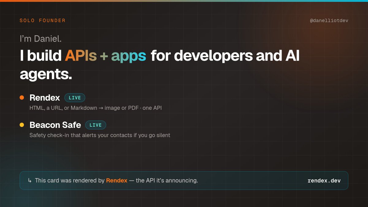 danelliotdev's tweet photo. I'm Daniel — solo founder. I build APIs + apps for developers and AI agents.

Two products live: @rendexdev (rendering API) + @beaconsafeapp (personal-safety app).

↓ this card was rendered by Rendex itself. https://t.co/MmKtX3XMZe