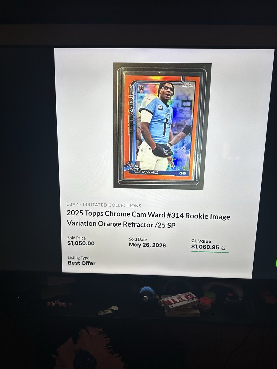 IrritatedJonny's tweet photo. 👀 Well this was unexpected…

Looks like a sale from Irritated Collectibles made it into a YouTube video discussing Cam Ward cards!
@ifsportscards 
Our Cam Ward Orange Refractor /25 sold for $1,050 and apparently caught some attention in the hobby.

Still grinding. Still listing. Still building.

#SportsCards #CamWard #ToppsChrome #FootballCards #eBaySeller