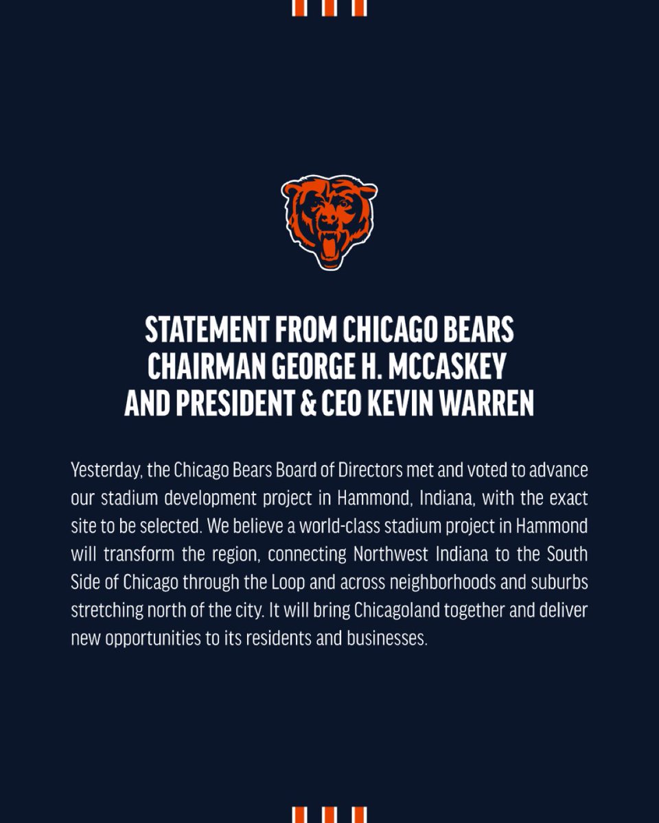 LangmanVince's tweet photo. 🚨 After 105 years the Chicago Bears are moving to Republican run Indiana because of the incompetent, DEI, Democrat mayor of Chicago and clueless, Democrat Governor of Illinois, JB Pritzker! 

Elections have consequences Illinois! https://t.co/Z2A5btvHZY