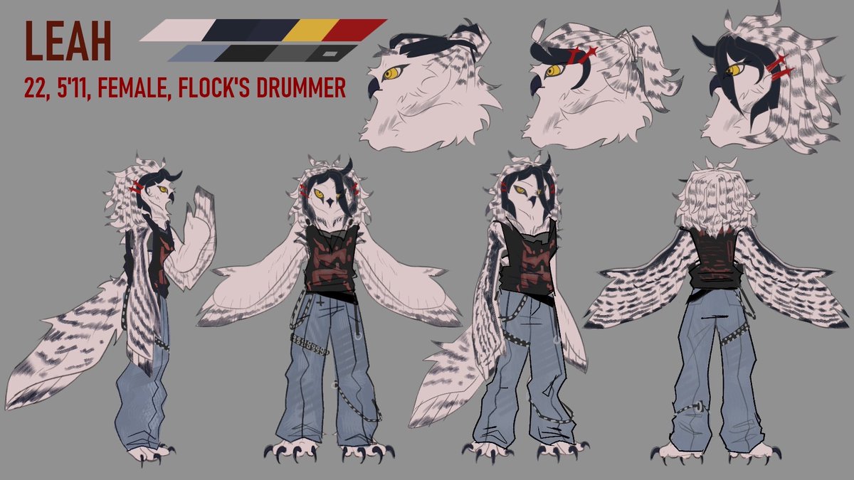 DizzyDerper's tweet photo. hello again people!! Erik’s updated ref sheet has been finished and now I can truly post my main four birds together here. 

All four of them are my children that I hate. And love. I love my birds. 

Erik’s outfits in the replies too. Heh. Birds https://t.co/ZJsZbfkwX0