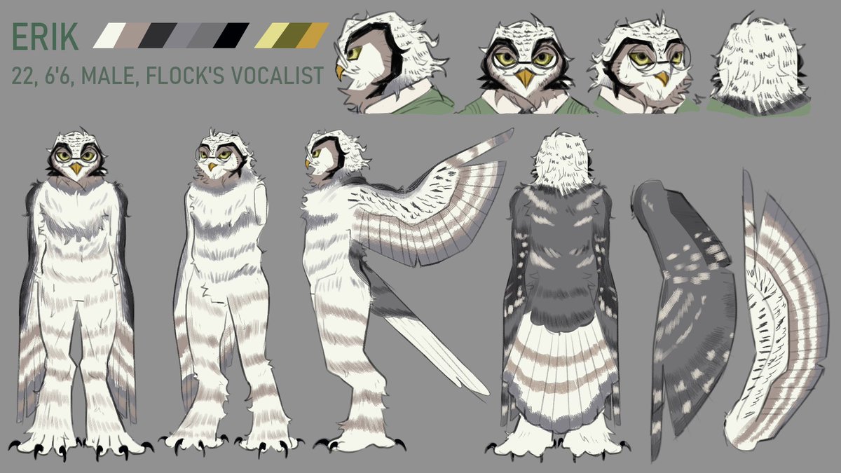 DizzyDerper's tweet photo. hello again people!! Erik’s updated ref sheet has been finished and now I can truly post my main four birds together here. 

All four of them are my children that I hate. And love. I love my birds. 

Erik’s outfits in the replies too. Heh. Birds https://t.co/ZJsZbfkwX0