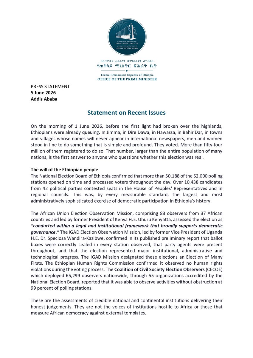 ETEmbassyABJ's tweet photo. PRESS STATEMENT on Recent Issues by the office of the @PMEthiopia
5 June 2026
Addis Ababa
#PMOEthiopia
#Ethiopia https://t.co/hzxexurlLR