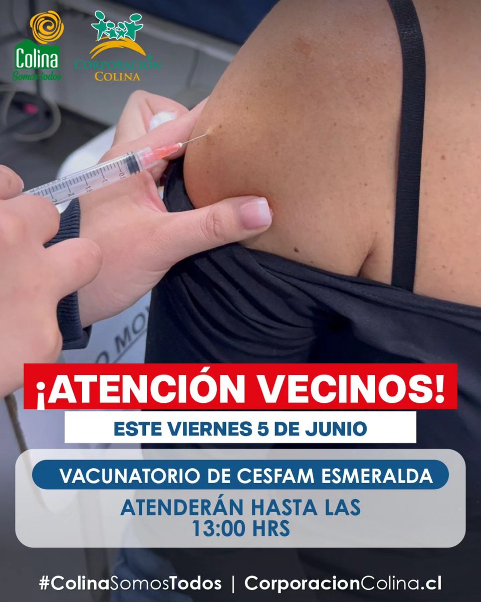 CorpColina's tweet photo. 𝗜𝗡𝗙𝗢𝗥𝗠𝗔𝗖𝗜𝗢́𝗡 𝗜𝗠𝗣𝗢𝗥𝗧𝗔𝗡𝗧𝗘
¡Atención vecinos y vecinas! Informamos que este viernes 5 de junio, el vacunatorio del CESFAM Esmeralda atenderá hasta las 13:00 horas.

¡Gracias por su comprensión!

#Corporacioncolina https://t.co/SjLVEbWlqW