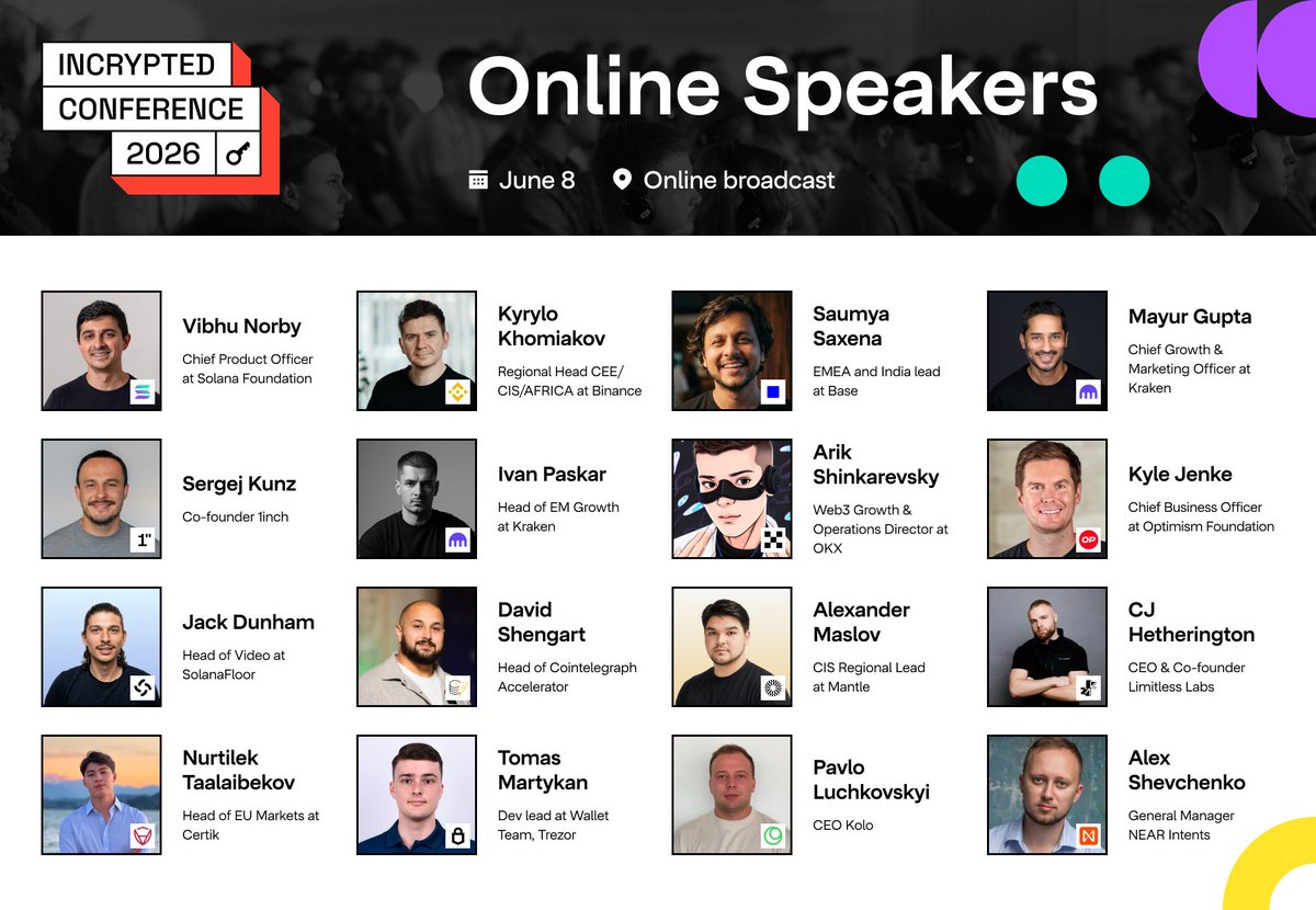incrypted's tweet photo. THE WAIT IS OVER

06/08/26
9:00 AM EST 

Incrypted Online Conference 2026
LIVE on X & YouTube

16 speakers
8 hours
Straight alpha

Binance
1inch
Kraken 
Solana 
Base 
OKX 
Optimism 
NEAR 
Trezor 
Cointelegraph Accelerator 
CertiK 
Limitless 
Mantle 
Kolo 

Lock in 🔑
https://t.co/vZ4f6JCbUU