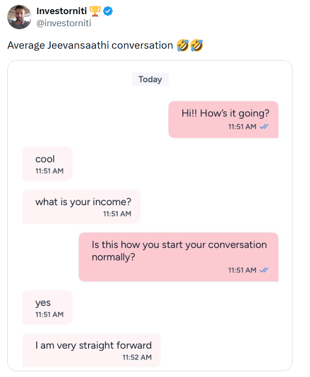 conect_insights's tweet photo. Jeevansaathi conversation in a nutshell 💀

Matrimony sites are not for the faint-hearted.✅ https://t.co/SyKO3tNa9c