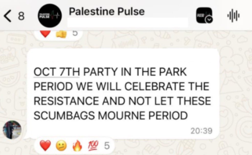 HeidiBachram's tweet photo. Palestine Pulse are a vile collection of the most extreme pro-Pals in this country. They are behind almost every violent and antisemitic protest. Look at their WhatsApp members celebrating the October 7 massacre. Utterly despicable hate-mongers. https://t.co/PJKMQNaRKb
