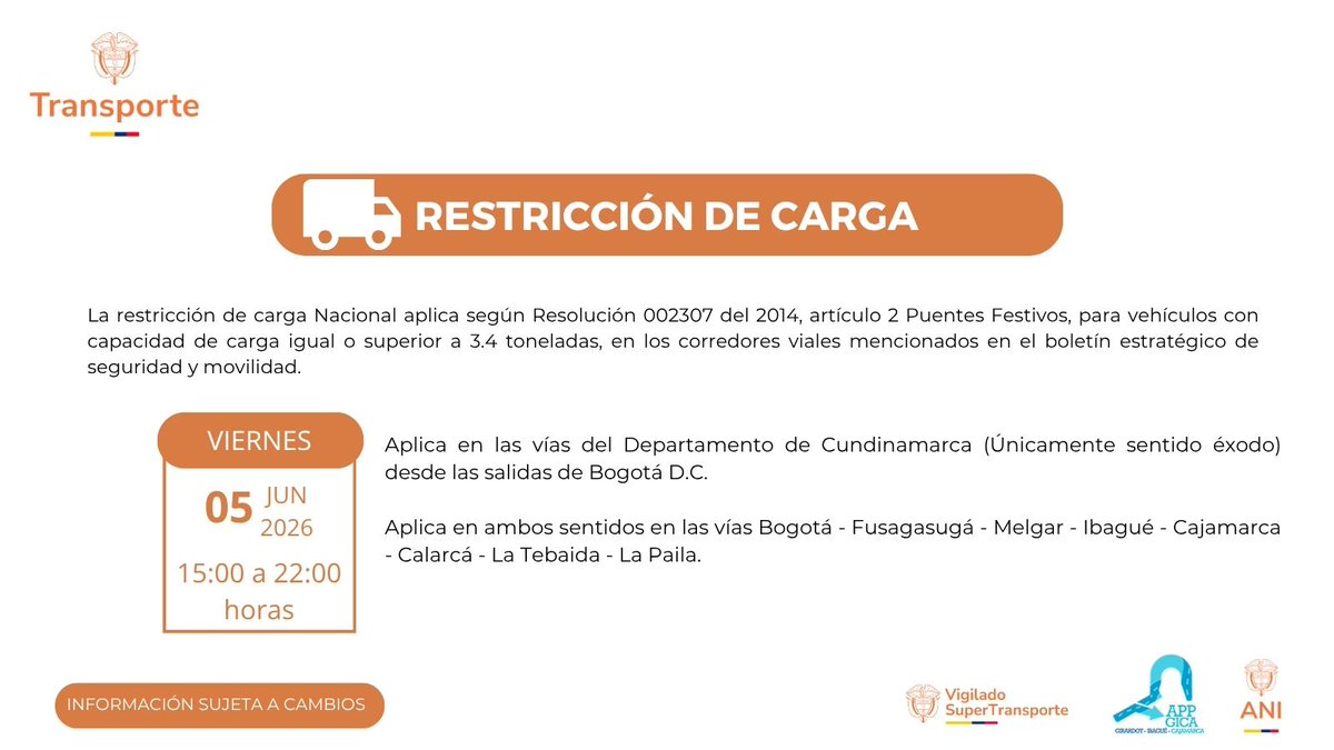APPGICA's tweet photo. ¡Usuarios de la vía!
A continuación, la restricción de carga para el fin de semana. ⬇️
*Recuerda que esta información está sujeta a cambios. https://t.co/Om36YPkvaZ