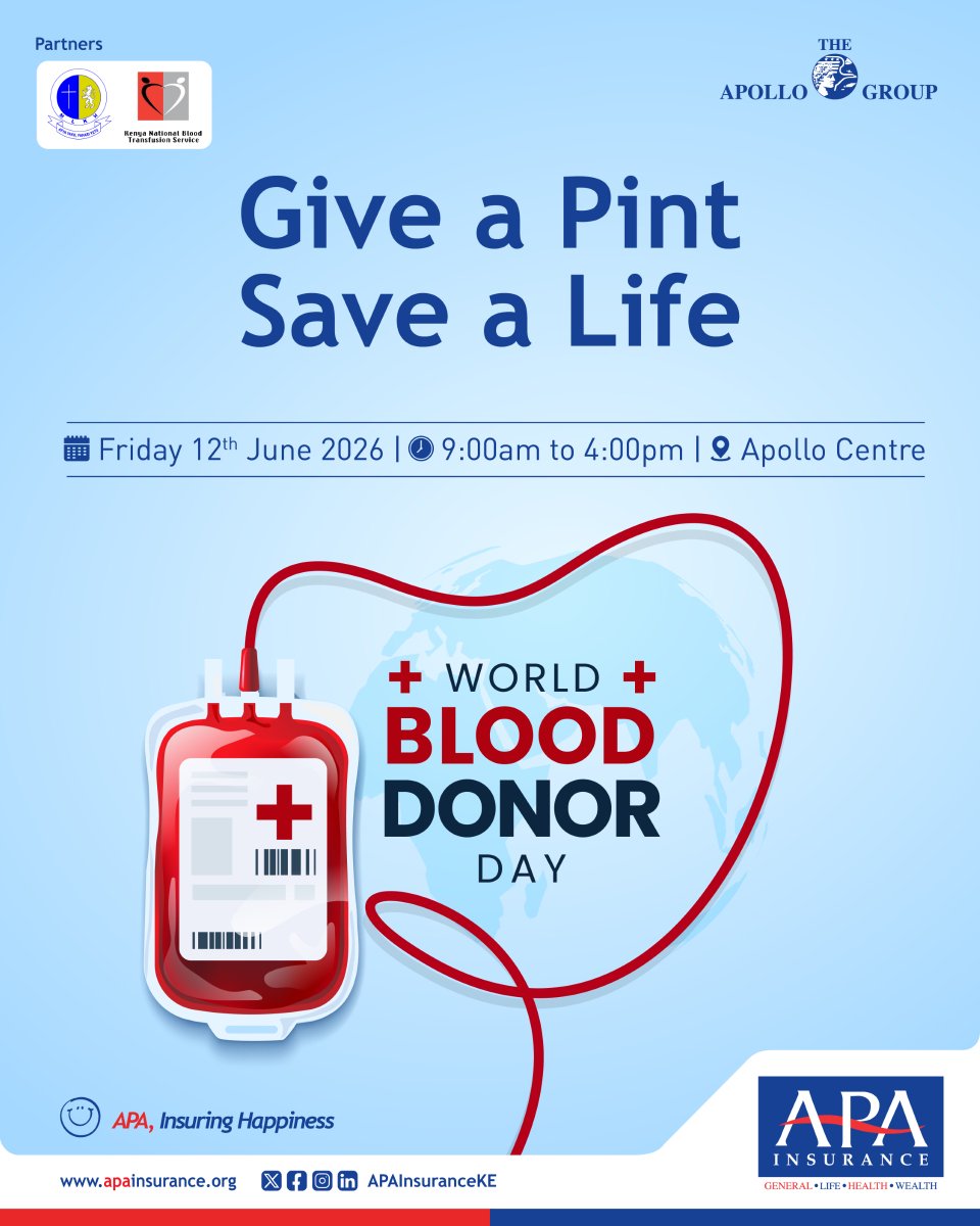 APAInsuranceKE's tweet photo. Join our Blood Donation Drive on Friday 12th June from 9AM at Apollo Centre &amp; make a difference with just one donation.

In celebration of World Blood Donor Day, we are coming together to give hope, one pint at a time. Because every drop counts, and every donor matters. https://t.co/ZtMp1RfCUE