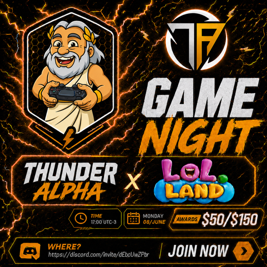 ThunderAlpha_'s tweet photo. GAME NIGHT @LOLLandGame 

Data : 8 de junho de 2026 às 17:00. 

Premiações
$150 em $YGG caso alcancemos 60+ participantes. 
$100 em $YGG caso alcancemos 40+ participantes. 
$50 em $YGG caso alcancemos 20+ participantes.

Para mais informações, acesse o nosso discord !!