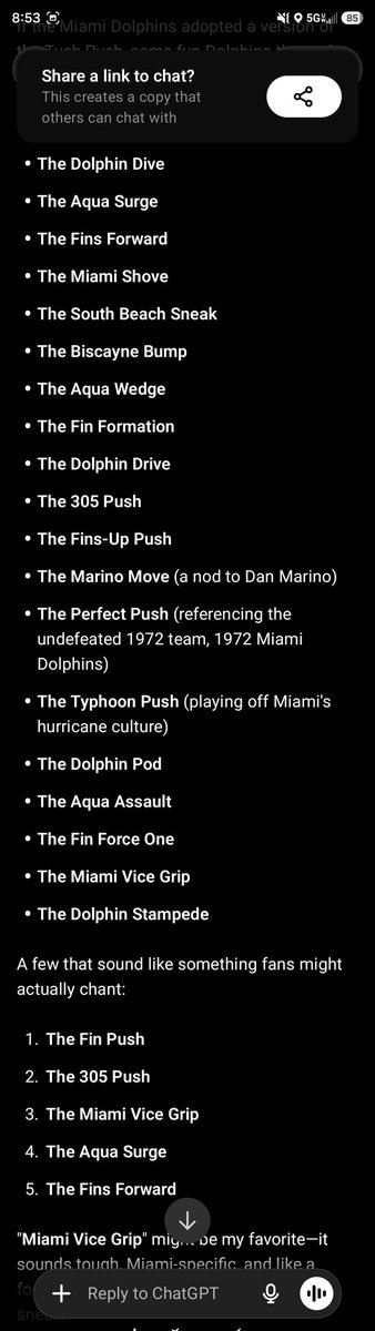GaryCampi's tweet photo. @schadjoe Dolphin Dive.  I like Malik Sneak.  The Miami Vice.  Here is ChatGPTs suggestions https://t.co/NncfrRBgej