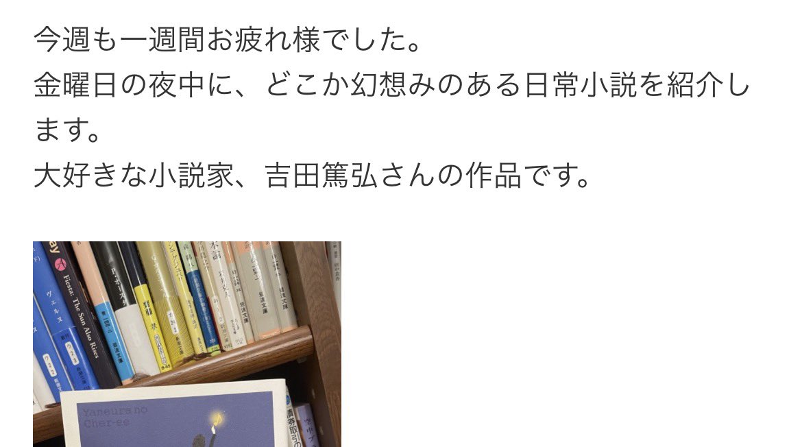 FIRST_tezuka's tweet photo. 日記.61 幻想みのある日常小説

お仕事の悩みが多くて疲れたときに、こんな本を読みながら眠りにつくのもいいかもしれません📚 https://t.co/QXGEkgJnQu