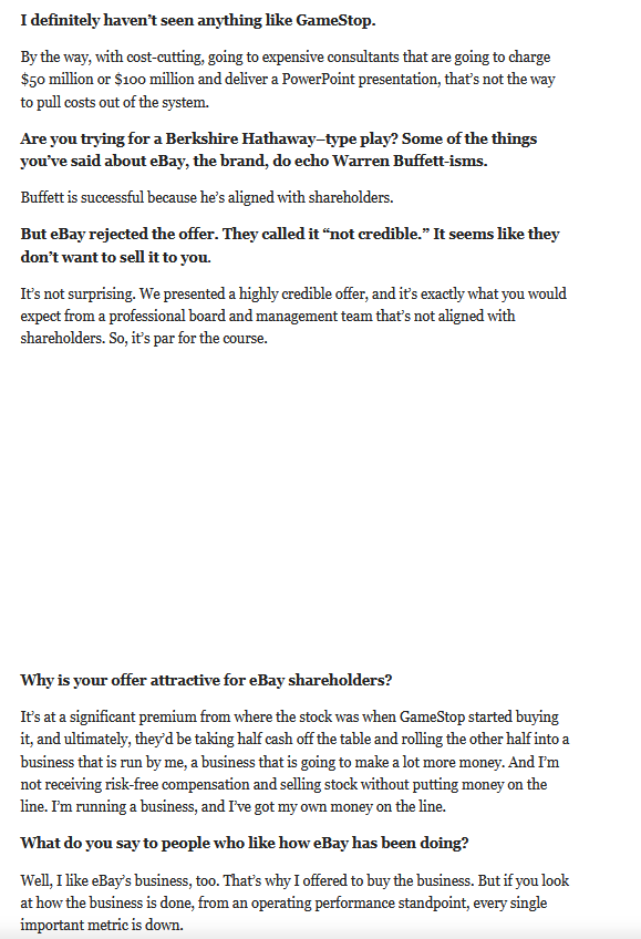 SimulatedLie's tweet photo. Here's parts of Barrons article with RC regarding $GME &amp; $EBAY

Things that stood out to me:
1. RC is on fire, he's turned $GME from dying/bleeding brickNmortar biz to 💸🖨️
2. $EBAY board is corrupt, shareholders can get much more value for $$
3. "Gamestop is iconic" 

LFGGGGGGGG https://t.co/TtoKzltzhc