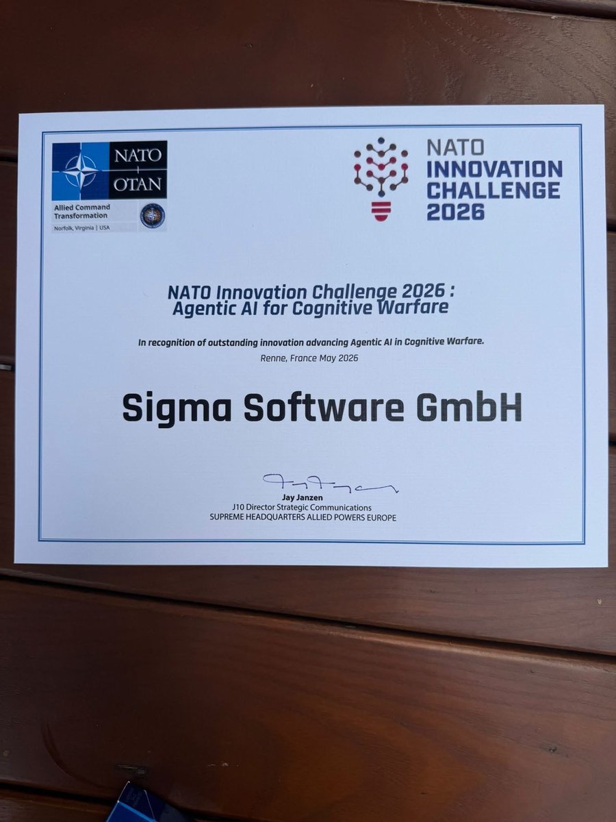 ValeryKrasovsky's tweet photo. @sigmaswgroup is a NATO Finalist in Paris with a CognitiveShield - Agentic AI for Cognitive Warfare!

Presented by Vladimir Chirva, Co-Founder of Sigma Software Group. https://t.co/mCqEEiFIR7