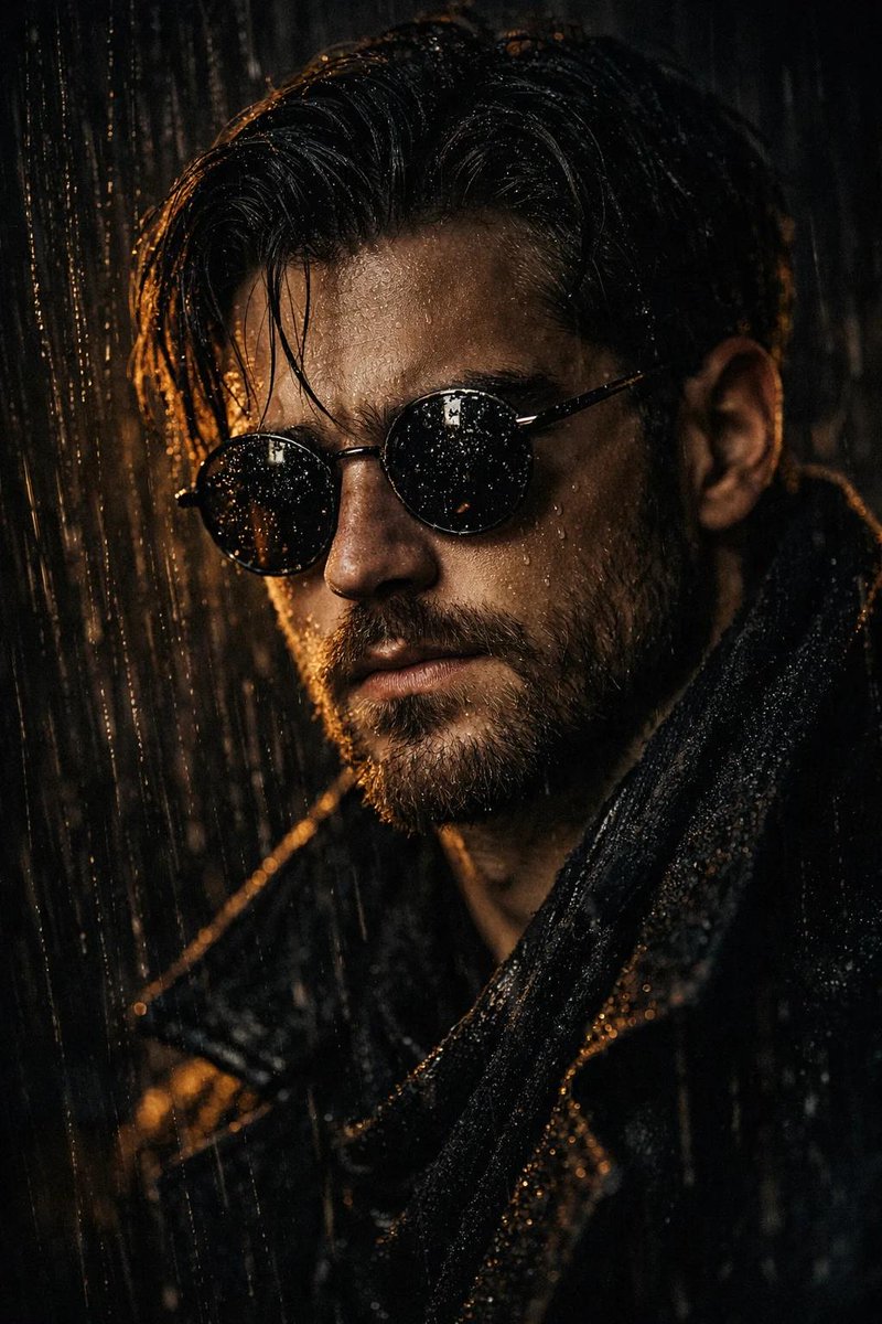 iamsofiaijaz's tweet photo. Image by Chatgpt ai 

Prompt 👇 
Cinematic close-up portrait of a young man standing in heavy rain at night, wearing round metal glasses and a dark coat, wet hair falling across his forehead, light stubble beard. Raindrops clinging to his glasses and skin, dramatic moody lighting with warm orange streetlight bokeh in the background, shallow depth of field, intense contemplative expression, gritty noir atmosphere, ultra-realistic, high contrast, detailed skin texture, cinematic color grading, 85mm lens, f/1.8,photorealistic, dark urban aesthetic, film still look.