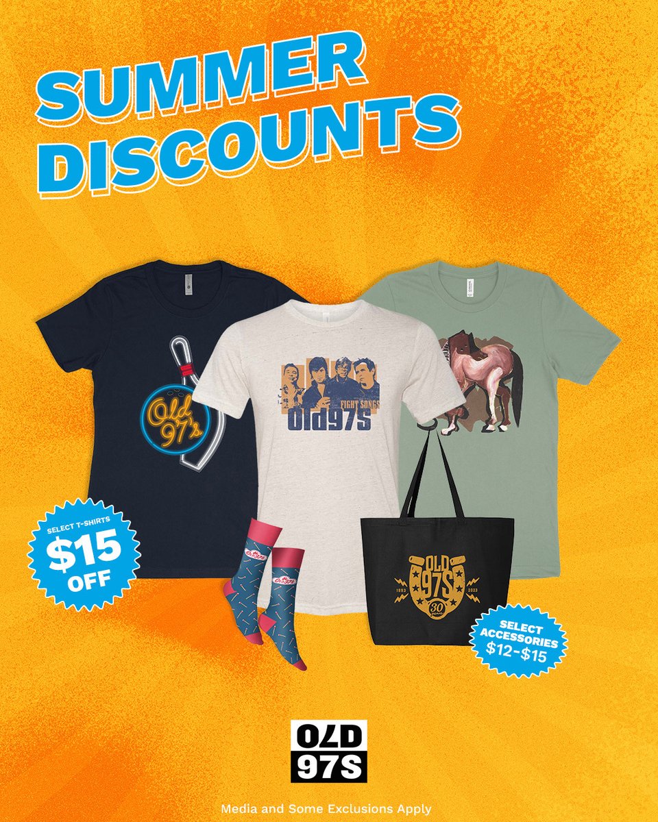 Old97s's tweet photo. 🛒 Last Chance Merch Items

We’re clearing out some old merch designs ahead of our summer tour dates! Head here to get yours while supplies last: https://t.co/ezVPZP6Pjz

👕 Select shirts are marked down to $15
🧦 Select accessories $12 https://t.co/jupGmdvXNW
