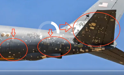MinksJJ's tweet photo. @TheLaikYobaz Open eyes, engage brain - You'll notice those are emergency patches on an aircraft that is flying.  Meaning ground crew patched up small holes and determined the aircraft was ok to fly missions.  Wow...big deal...  So...how's Iran's airforce doing? https://t.co/cmrvHG8tSZ