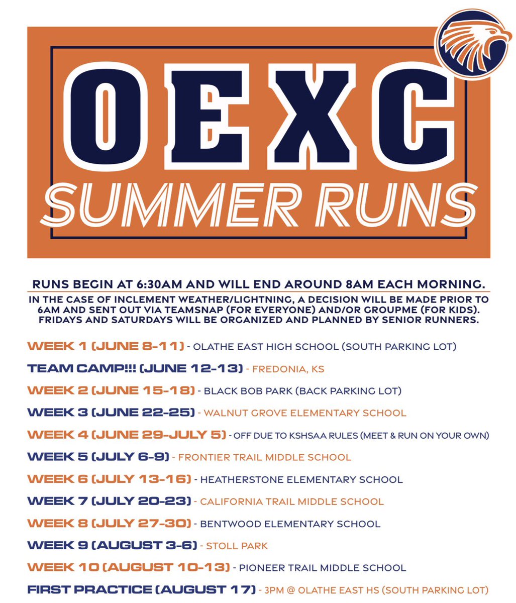 OEXC3's tweet photo. It’s that time!!! Come join us this summer if you are interested in cross country! Incoming freshman, 8th graders, and any high schoolers that want to run can come and hang out with some cool people!! 🧡💙 https://t.co/aSCU30QWoa