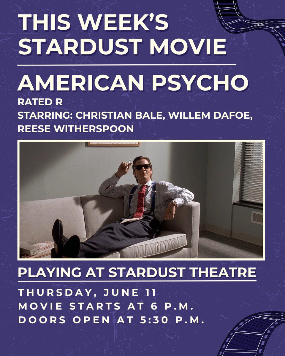 rcscw's tweet photo. 🎥This Thursday and Friday, Stardust Theatre's free movies continues with an evening showing of "American Psycho" and matinee showing of "POMS." Stop by the theater, grab your popcorn and join us for either movie this week!
Learn More: https://t.co/mRLAaJhvjj https://t.co/qVxTW40ULU