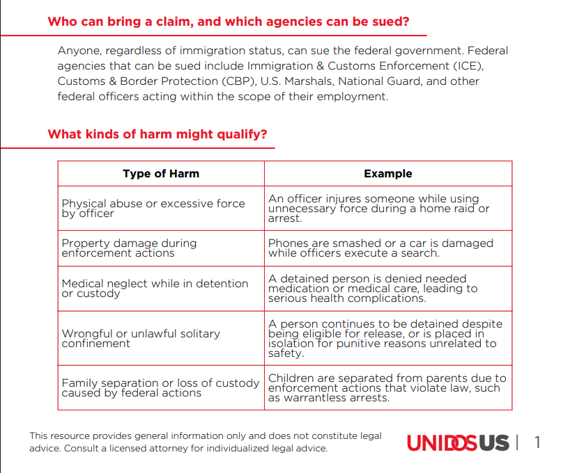 WeAreUnidosUS's tweet photo. If you or someone you know was harmed by a federal immigration officer, there's a legal tool that can help: the Federal Tort Claims Act.

We are proud to join @DemocracyFwd in launching a national initiative to hold federal agents accountable for abuse or misconduct. https://t.co/yjf9KcFXge