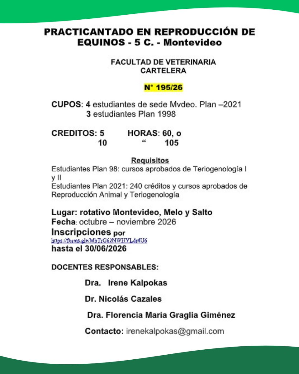 SecEstFVet's tweet photo. 🐴 PRACTICANTADO EN REPRODUCCIÓN DE EQUINOS

📆 Octubre - noviembre 2026
📍 Rotativo Montevideo, Melo y Salto
✍️ Inscripciones hasta el 30 de junio por: https://t.co/SUvnZMXDSa
📩 irenekalpokas@gmail.com https://t.co/cLrcEHq0TI