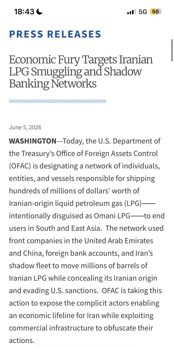 crownintelgroup's tweet photo. 🇺🇸🇮🇷 IRAN SANCTIONS UPDATE:

The US Treasury has announced a new round of sanctions targeting an Iranian LPG smuggling and financial network, including individuals, firms, and vessels accused of moving hundreds of millions of dollars’ worth of Iranian-origin gas through front companies in the UAE and China.

The move is part of Washington’s wider “Economic Fury” campaign to choke off Iran’s oil and gas revenue, tighten pressure on shadow fleets and illicit banking channels, and deprive Tehran of the funds it uses for weapons development, proxy support, and regional aggression.
