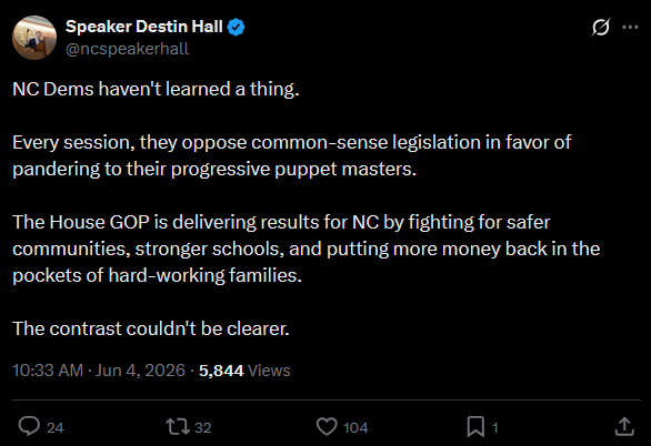 wakedems's tweet photo. Destin Hall was the primary sponsor on a bill that allows Duke Energy to create multi-year rate hikes without oversight.

In 2025, he overrode Gov Stein's veto for a bill that allows Duke to increase rates again for future projects.

He hopes you will forget. https://t.co/VE4VDTmzge
