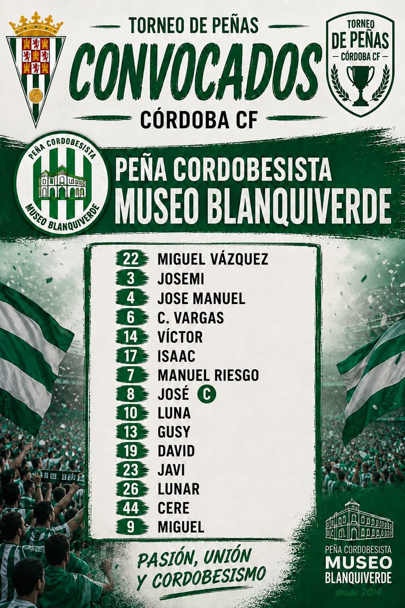 PCMBlanquiverde's tweet photo. Este domingo, nuestra peña participará en el I TORNEO DE FUTBOL 7 en nuestro estadio Organizado por la @fpccf 

Y aquí os traemos a nuestros 15 convocados para intentar llegar a la cima o, por lo menos, pasarlo bien con otros cordobesistas.

A disfrutar de un domingo de fútbol https://t.co/J04uJAloFn