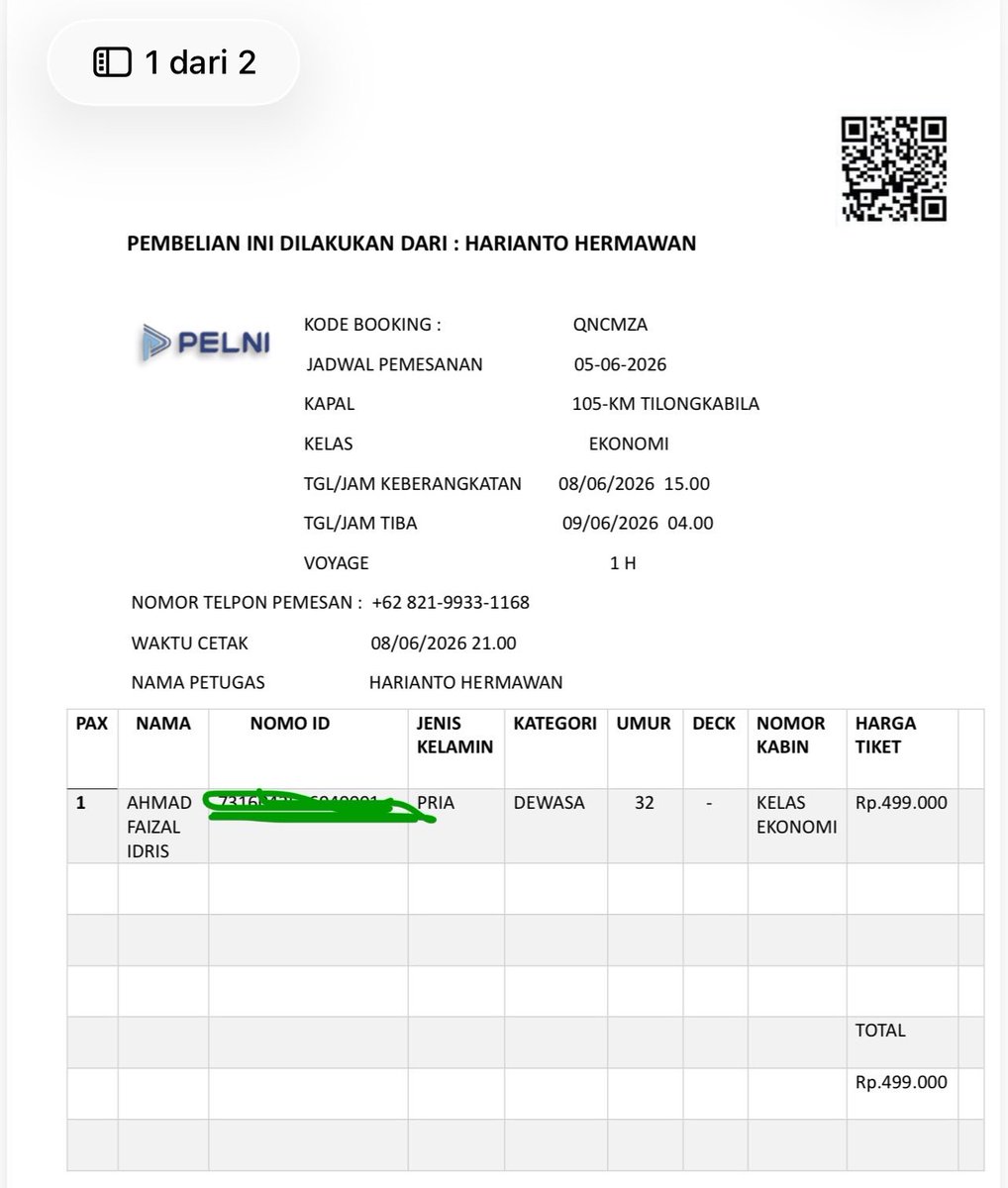 iSSALahmad's tweet photo. @pelni162_ID Selamat malam, mohon bantuannya cek Kode Booking/pemesanan kapal Pelni tersebut, apakah asli atau palsu? 
Terima kasih https://t.co/bN2CKw3QTe