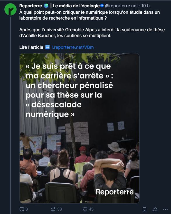Geometriquement's tweet photo. Reporterre a publié un article sur les méchants de l'université qui voudraient empêcher une soutenance de thèse. Reporterre reprend à son compte que la thèse serait censurée car trop critique vis à vis de la technologie.

La thèse est téléchargeable ici : https://t.co/EHNClQQf6Y https://t.co/uexwfnWwai