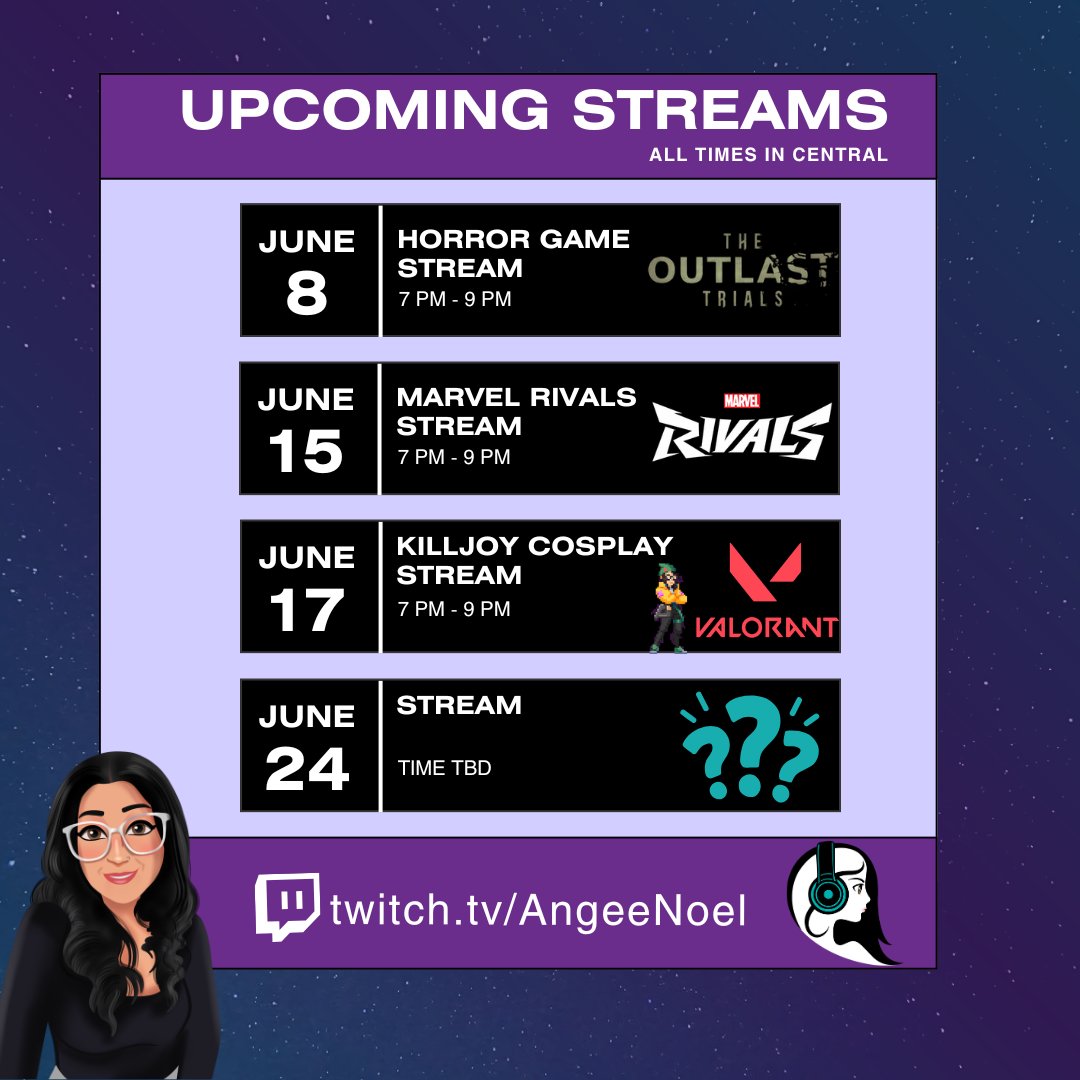 angeenoel's tweet photo. 📣 Special schedule for June streams! 

playing outlast trials with @Jessarosegames, @JohnHawx agreed to carry me in Marvel Rivals, and a special stream with @simplyaretha to discuss our journey with uplifting representation on the Twitch platform!

Happy Pride! 🌈 https://t.co/B5jYpLbifI