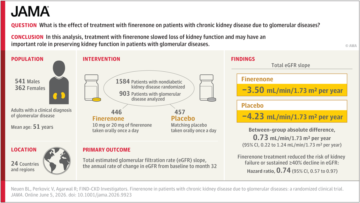 brendonneuen's tweet photo. In patients with GN (n=903) in FIND-CKD, treatment with finerenone:

- Slowed the rate of GFR decline
- Reduced UACR by 42%
- Lowered the risk of kidney failure or 40% decline in eGFR by 26%

Results consistent regardless of GN subtype &amp; SGLT2i use #ERA26

https://t.co/tem1zQ5GN5 https://t.co/pQhnlUNibm